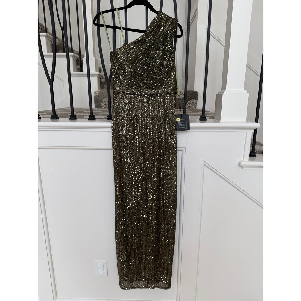 Ieena for Mac Duggal Women's Olive Sequins One-Shoulder Ruched Gown Dress Size 4 - Picture 4 of 8